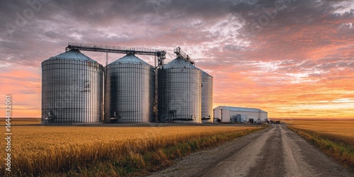 Metal grain silos stand in a golden wheat field at sunrise