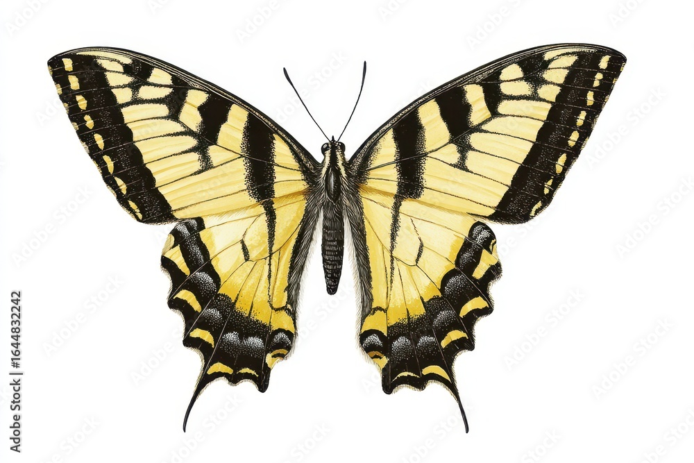 Obraz premium Swallowtail Butterfly Drawing. Common Yellow Butterfly with Pinned Wings in Isolated White Background