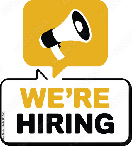 Megaphone announcing we are hiring with a speech bubble on a white background