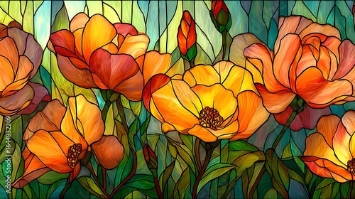 Vibrant stained glass style floral design.