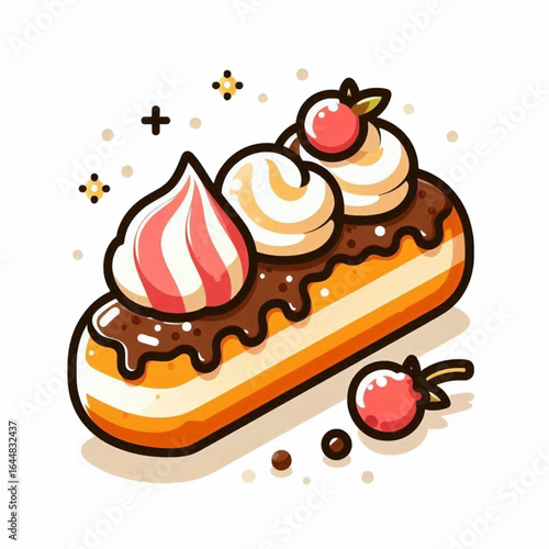 A stylized éclair pastry with whipped toppings chocolate drizzle and cherries