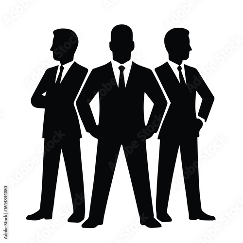 Three silhouetted businessmen standing confidently together isolated on white background