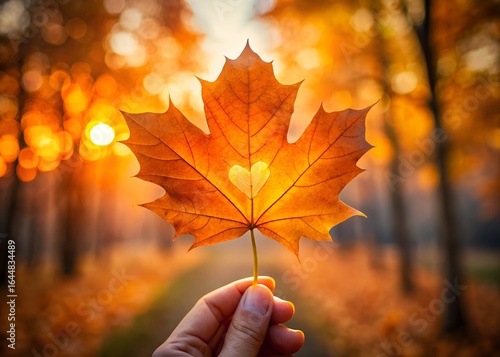Hand holding an orange maple leaf with a heart shape in sunlight