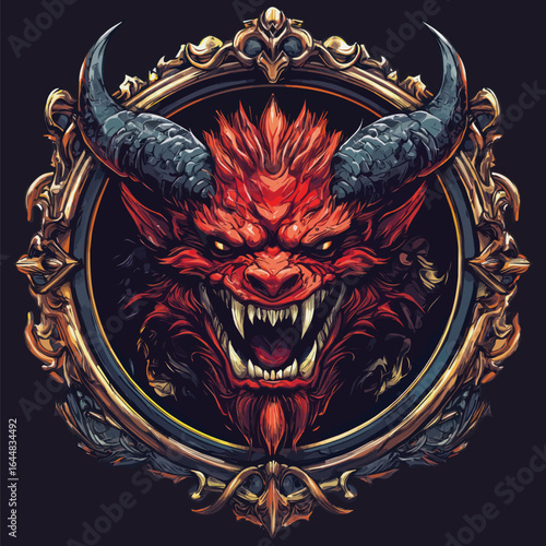 Furious Red Horned Demon Head Illustration with Dark Armor and Aggressive Snarl. Mythical Monster Portrait.	
