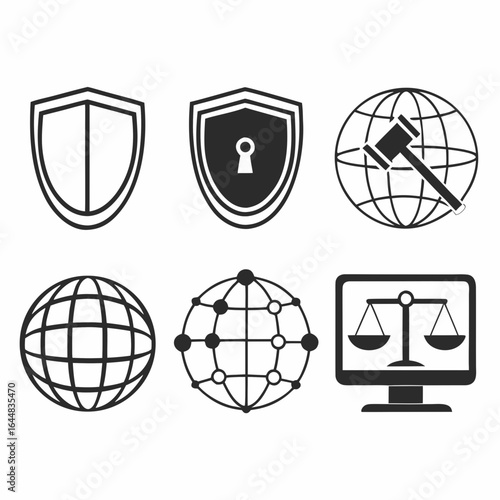 Law and justice icons with security and global concepts isolated on white background