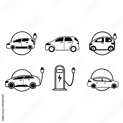 Electric vehicle charging station and car icons isolated on white background for eco transportation