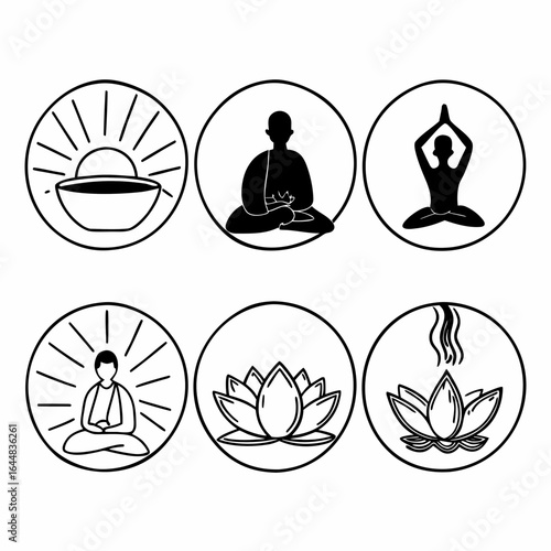 Yoga and meditation icons set with lotus, buddha, pose, zen, spiritual isolated on white background