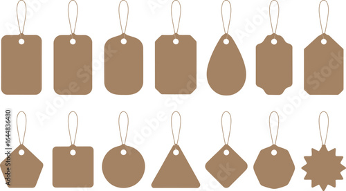 Collection of various brown paper tags with strings on a light background