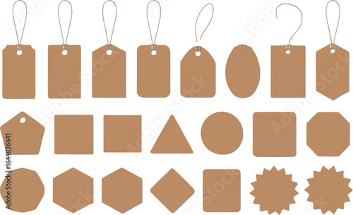 Collection of various brown paper tags and labels with string for design