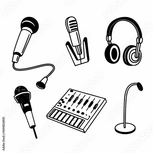 Illustration of various audio recording equipment including microphones, headphones, and a mixing console isolated on white background