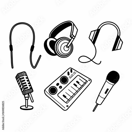 Illustration of recording equipment including headphones, microphones, and a mixing console isolated on white background