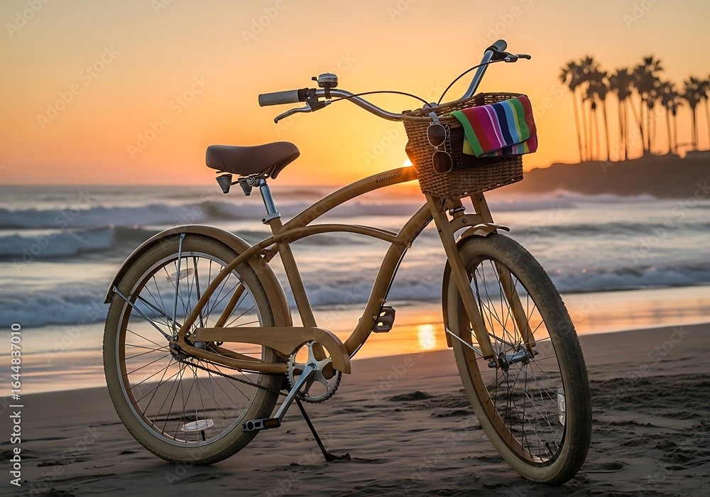 Fototapeta premium Beach Cruiser Bicycle at Sunset with Basket, Towel, and Sunglasses