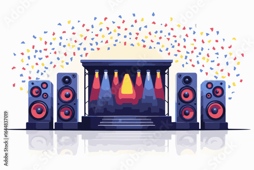  vibrant DJ setup scene featuring a central DJ mixer surrounded by tall speakers  