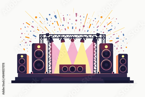  vibrant DJ setup scene featuring a central DJ mixer surrounded by tall speakers  