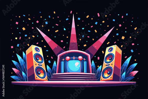  vibrant DJ setup scene featuring a central DJ mixer surrounded by tall speakers  