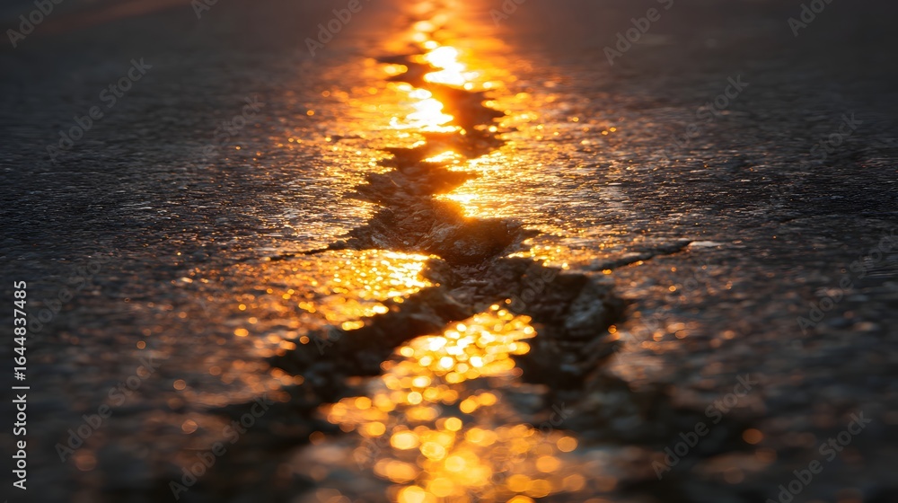Fototapeta premium Sunlight highlights a crack in a dark asphalt road.