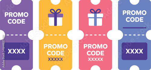 Four colorful promotional discount coupons with gift boxes and promo code text
