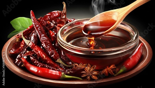 Spicy chili oil being poured from a spoon