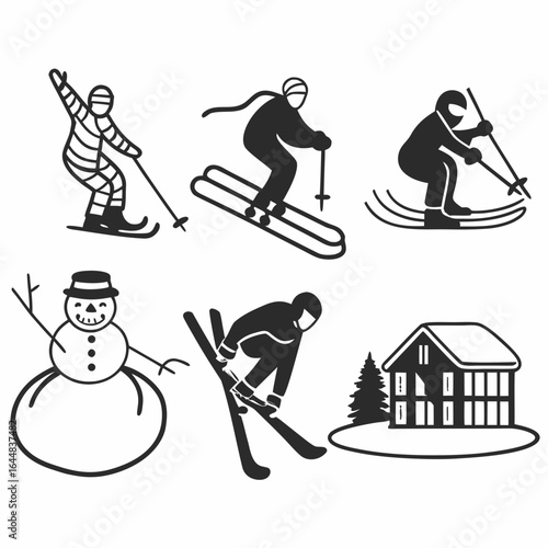 Illustration set of skier, snowboarder, snowman and house isolated on white background