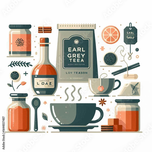 An illustration features tearelated items Earl Grey tea bag various jars cups citrus slice tea infuser and a small pot with a flower