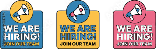 We are hiring announcement with megaphone icons in blue yellow and pink squares