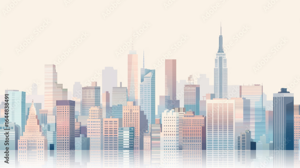 Fototapeta premium Softly colored watercolor skyline of a modern city with tall buildings and reflections