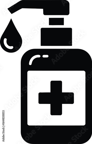 Black silhouette of a hand sanitizer bottle with a cross symbol and a drop