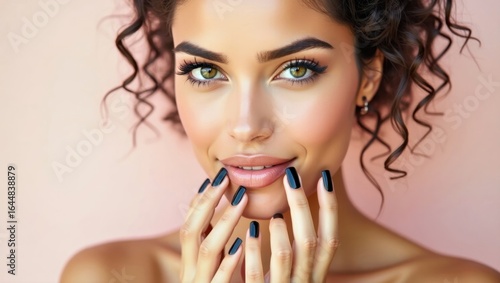 Black French Tip Nails. Young woman with curly hair and green eyes pos