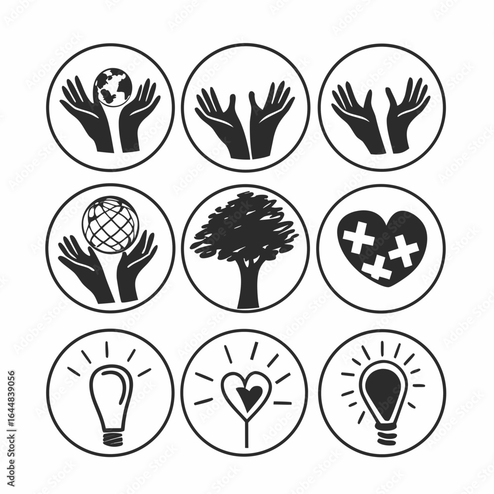 Fototapeta premium Collection of hand drawn icons with care, nature, and global themes isolated on white background