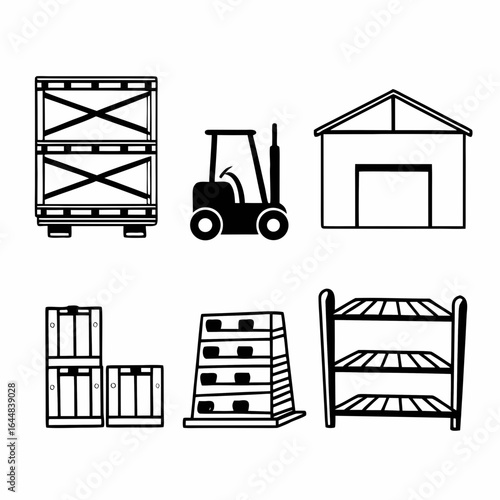 Illustration of warehouse elements including crates, forklift, shelves isolated on white background