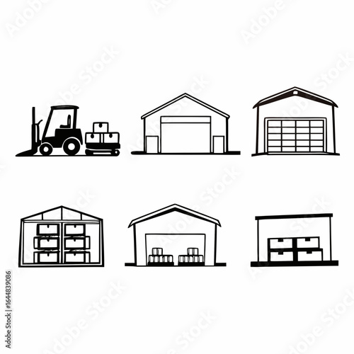 Illustration of warehouse elements including crates, forklift, shelves isolated on white background