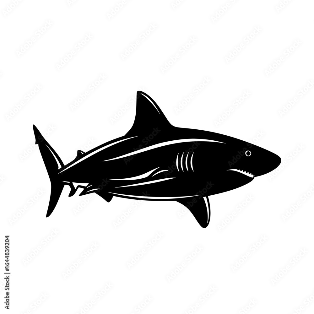 Fototapeta premium Powerful Black and White Shark Silhouette: Ocean Predator Vector Illustration, Dramatic, Intense, and Bold Graphic Design.