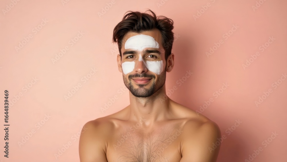 Fototapeta premium Beef tallow face cream. Young man with white face cream smiling, skinc