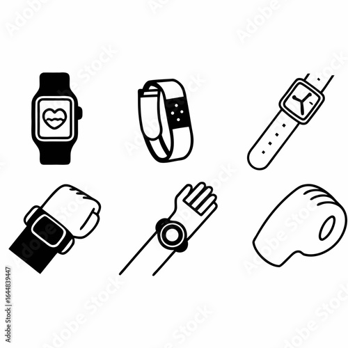 Set of various smartwatches and fitness trackers on hand isolated on white background