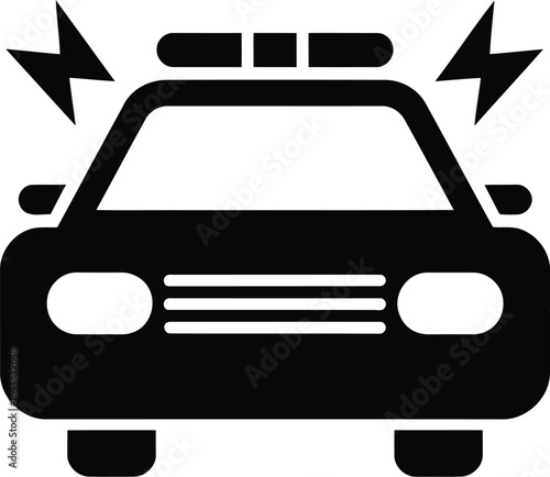 Black silhouette of a police car with flashing lights and lightning bolts