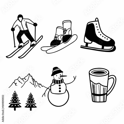 Winter sports and activities icons including skiing, skating, snowman isolated on white background