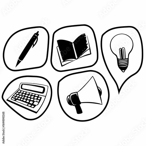 Illustration of pen, book, light bulb, calculator and megaphone isolated on white background
