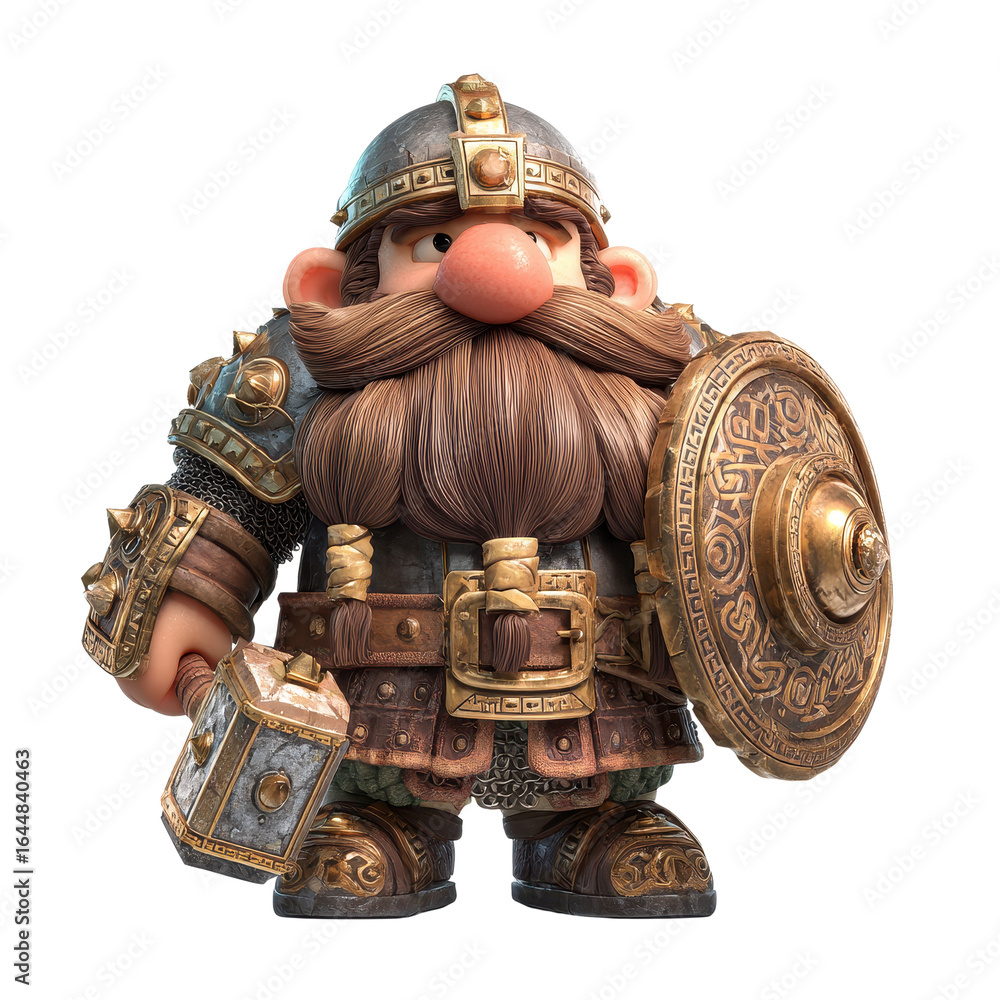 Fototapeta premium A stylized dwarf warrior in ornate armor holds a hammer and shield Fantasy
