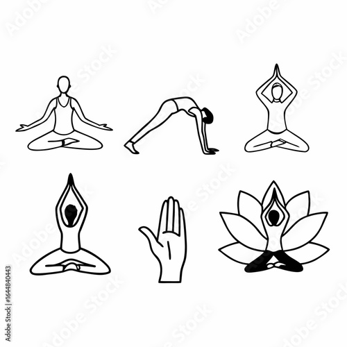 Collection of yoga poses and hand mudra isolated on white background for healthy lifestyle