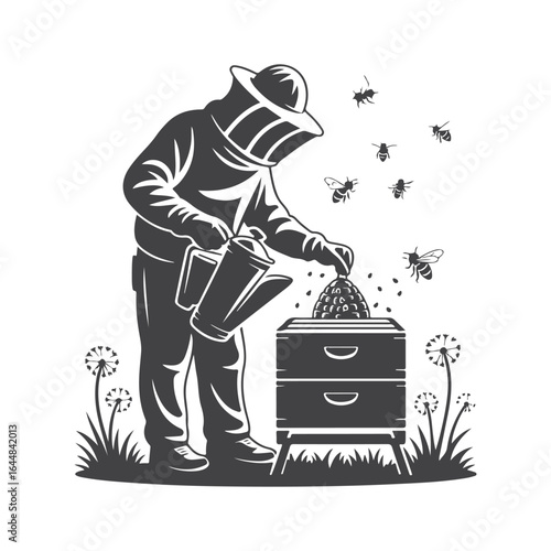 Beekeeper tending hive with bees and dandelions apiary beehive