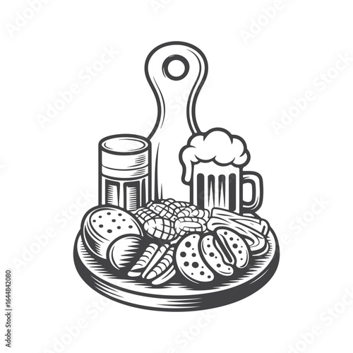 Beer and snacks on a wooden board pretzels sausages