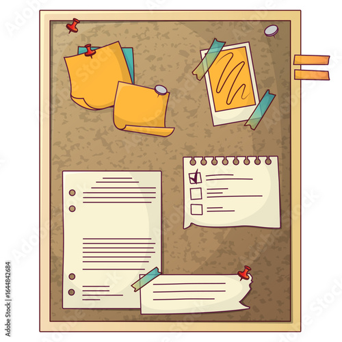 Vector illustration of a cork bulletin board with pinned notes, homework reminders, sticky memos, and photo, attached with push pins and tape, isolated on white background.