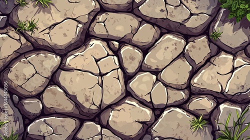 Close up view of a cartoon stone wall with small plants growing between the rocks and some cracks