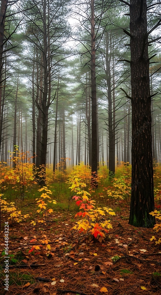 Fototapeta premium Autumnal Forest Scene: Tall Trees, Colorful Foliage, and Misty Atmosphere