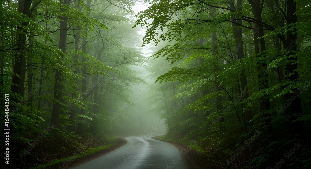 Fototapeta premium Misty Winding Road into Dense Foggy Forest with Lush Green Foliage