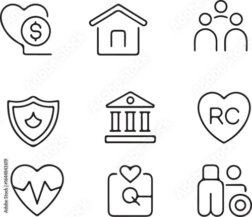 Set of various line icons representing banking health insurance and community