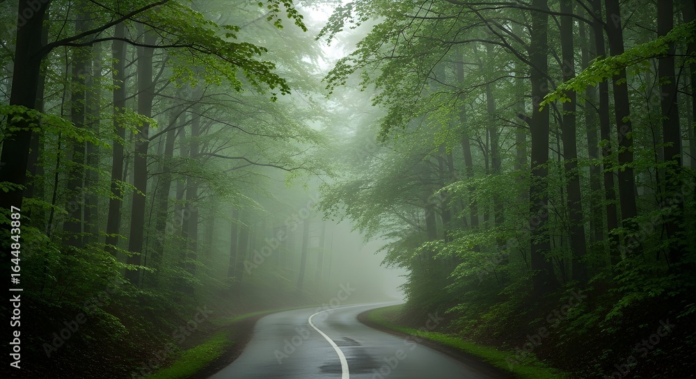 Obraz premium Misty Winding Road into Dense Foggy Forest with Lush Green Foliage