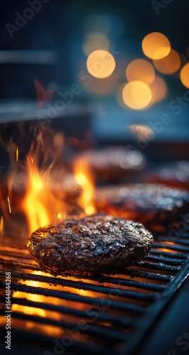 Wallpaper Mural Juicy burger patties sizzle over vibrant flames on a dark grill, set against a softly blurred, warm-toned evening backdrop Torontodigital.ca