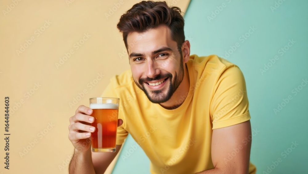 Sparkling Tea. Smiling man with beard holding beer glass in yellow shi Sparkling Tea. Smiling man with beard holding beer glass in yellow shi