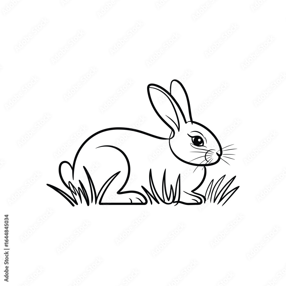 Fototapeta premium Black line art of a rabbit sitting in grass bunny hare